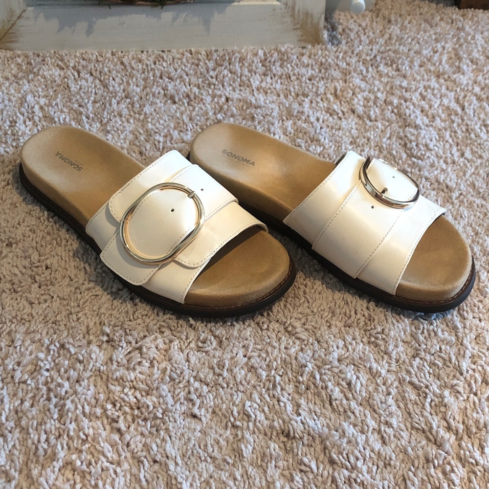 Sonoma Women's Creme Slide Sandals with Gold Buckle